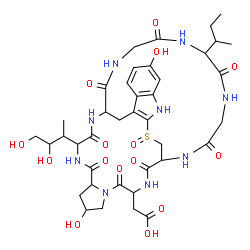ChemSpider 2D Image | [34-sec-Butyl-13-(3,4-dihydroxy-2-butanyl)-8,22-dihydroxy-27-oxido-2,5,11,14,30,33,36,39-octaoxo-27-thia-3,6,12,15,25,29,32,35,38-nonaazapentacyclo[14.12.11.0~6,10~.0~18,26~.0~19,24~]nonatriaconta-18(
26),19,21,23-tetraen-4-yl]acetic acid | C39H53N9O15S