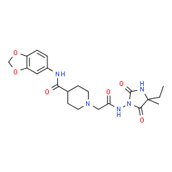 ChemSpider 2D Image | N-(1,3-Benzodioxol-5-yl)-1-{2-[(4-ethyl-4-methyl-2,5-dioxo-1-imidazolidinyl)amino]-2-oxoethyl}-4-piperidinecarboxamide | C21H27N5O6