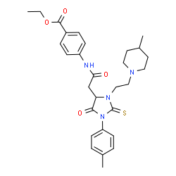 ChemSpider 2D Image | Ethyl 4-[({1-(4-methylphenyl)-3-[2-(4-methyl-1-piperidinyl)ethyl]-5-oxo-2-thioxo-4-imidazolidinyl}acetyl)amino]benzoate | C29H36N4O4S
