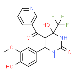 ChemSpider 2D Image | 4-Hydroxy-6-(4-hydroxy-3-methoxyphenyl)-5-(3-pyridinylcarbonyl)-4-(trifluoromethyl)tetrahydro-2(1H)-pyrimidinone | C18H16F3N3O5
