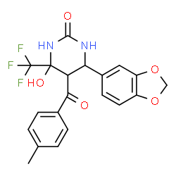 ChemSpider 2D Image | 6-(1,3-Benzodioxol-5-yl)-4-hydroxy-5-(4-methylbenzoyl)-4-(trifluoromethyl)tetrahydro-2(1H)-pyrimidinone | C20H17F3N2O5