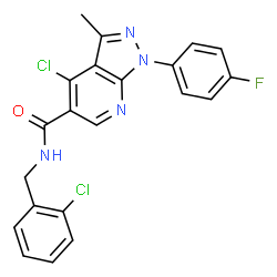 ChemSpider 2D Image | 4-Chloro-N-(2-chlorobenzyl)-1-(4-fluorophenyl)-3-methyl-1H-pyrazolo[3,4-b]pyridine-5-carboxamide | C21H15Cl2FN4O