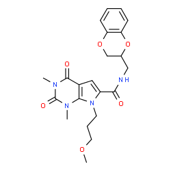 ChemSpider 2D Image | N-(2,3-Dihydro-1,4-benzodioxin-2-ylmethyl)-7-(3-methoxypropyl)-1,3-dimethyl-2,4-dioxo-2,3,4,7-tetrahydro-1H-pyrrolo[2,3-d]pyrimidine-6-carboxamide | C22H26N4O6