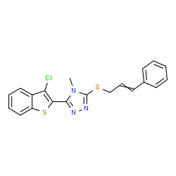 ChemSpider 2D Image | 3-(3-Chloro-1-benzothiophen-2-yl)-5-(cinnamylsulfanyl)-4-methyl-4H-1,2,4-triazole | C20H16ClN3S2