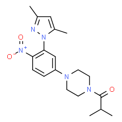 ChemSpider 2D Image | 1-{4-[3-(3,5-Dimethyl-1H-pyrazol-1-yl)-4-nitrophenyl]-1-piperazinyl}-2-methyl-1-propanone | C19H25N5O3