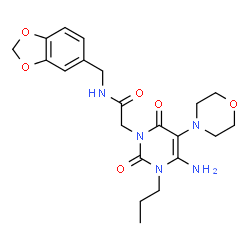 ChemSpider 2D Image | 2-[4-Amino-5-(4-morpholinyl)-2,6-dioxo-3-propyl-3,6-dihydro-1(2H)-pyrimidinyl]-N-(1,3-benzodioxol-5-ylmethyl)acetamide | C21H27N5O6