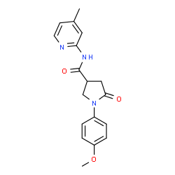 ChemSpider 2D Image | 1-(4-Methoxyphenyl)-N-(4-methyl-2-pyridinyl)-5-oxo-3-pyrrolidinecarboxamide | C18H19N3O3
