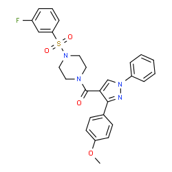 ChemSpider 2D Image | {4-[(3-Fluorophenyl)sulfonyl]-1-piperazinyl}[3-(4-methoxyphenyl)-1-phenyl-1H-pyrazol-4-yl]methanone | C27H25FN4O4S