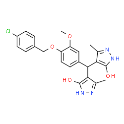 ChemSpider 2D Image | 4,4'-({4-[(4-Chlorobenzyl)oxy]-3-methoxyphenyl}methylene)bis(3-methyl-1H-pyrazol-5-ol) | C23H23ClN4O4