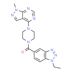 ChemSpider 2D Image | (1-Ethyl-1H-benzotriazol-5-yl)[4-(1-methyl-1H-pyrazolo[3,4-d]pyrimidin-4-yl)-1-piperazinyl]methanone | C19H21N9O