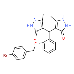 ChemSpider 2D Image | 4,4'-({2-[(4-Bromobenzyl)oxy]phenyl}methylene)bis(3-methyl-1H-pyrazol-5-ol) | C22H21BrN4O3