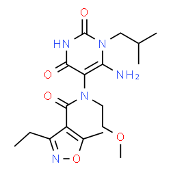 ChemSpider 2D Image | N-(6-Amino-1-isobutyl-2,4-dioxo-1,2,3,4-tetrahydro-5-pyrimidinyl)-3-ethyl-N-(2-methoxyethyl)-5-methyl-1,2-oxazole-4-carboxamide | C18H27N5O5