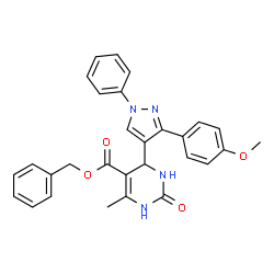 ChemSpider 2D Image | Benzyl 4-[3-(4-methoxyphenyl)-1-phenyl-1H-pyrazol-4-yl]-6-methyl-2-oxo-1,2,3,4-tetrahydro-5-pyrimidinecarboxylate | C29H26N4O4