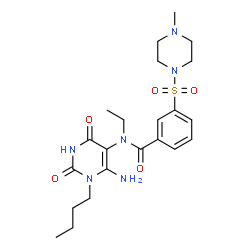 ChemSpider 2D Image | N-(6-Amino-1-butyl-2,4-dioxo-1,2,3,4-tetrahydro-5-pyrimidinyl)-N-ethyl-3-[(4-methyl-1-piperazinyl)sulfonyl]benzamide | C22H32N6O5S