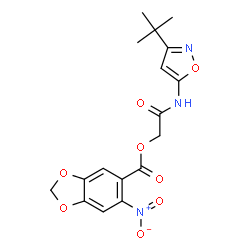 ChemSpider 2D Image | 2-{[3-(2-Methyl-2-propanyl)-1,2-oxazol-5-yl]amino}-2-oxoethyl 6-nitro-1,3-benzodioxole-5-carboxylate | C17H17N3O8