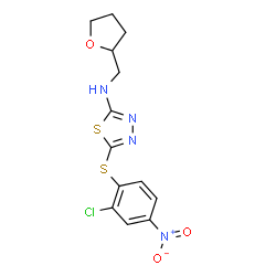 ChemSpider 2D Image | 5-[(2-Chloro-4-nitrophenyl)sulfanyl]-N-(tetrahydro-2-furanylmethyl)-1,3,4-thiadiazol-2-amine | C13H13ClN4O3S2