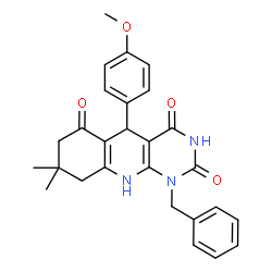 ChemSpider 2D Image | 1-Benzyl-5-(4-methoxyphenyl)-8,8-dimethyl-5,8,9,10-tetrahydropyrimido[4,5-b]quinoline-2,4,6(1H,3H,7H)-trione | C27H27N3O4