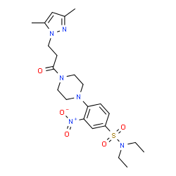 ChemSpider 2D Image | 4-{4-[3-(3,5-Dimethyl-1H-pyrazol-1-yl)propanoyl]-1-piperazinyl}-N,N-diethyl-3-nitrobenzenesulfonamide | C22H32N6O5S