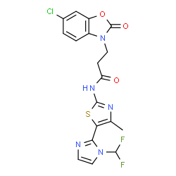 ChemSpider 2D Image | 3-(6-Chloro-2-oxo-1,3-benzoxazol-3(2H)-yl)-N-{5-[1-(difluoromethyl)-1H-imidazol-2-yl]-4-methyl-1,3-thiazol-2-yl}propanamide | C18H14ClF2N5O3S