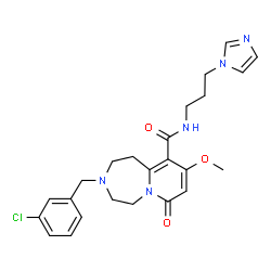 ChemSpider 2D Image | 3-(3-Chlorobenzyl)-N-[3-(1H-imidazol-1-yl)propyl]-9-methoxy-7-oxo-1,2,3,4,5,7-hexahydropyrido[1,2-d][1,4]diazepine-10-carboxamide | C24H28ClN5O3