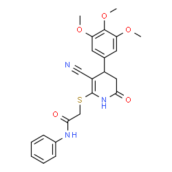 ChemSpider 2D Image | 2-{[3-Cyano-6-oxo-4-(3,4,5-trimethoxyphenyl)-1,4,5,6-tetrahydro-2-pyridinyl]sulfanyl}-N-phenylacetamide | C23H23N3O5S
