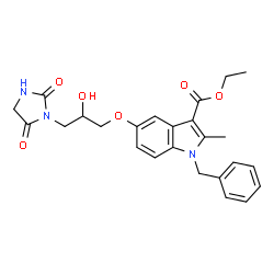 ChemSpider 2D Image | Ethyl 1-benzyl-5-[3-(2,5-dioxo-1-imidazolidinyl)-2-hydroxypropoxy]-2-methyl-1H-indole-3-carboxylate | C25H27N3O6