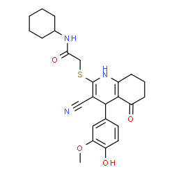 ChemSpider 2D Image | 2-{[3-Cyano-4-(4-hydroxy-3-methoxyphenyl)-5-oxo-1,4,5,6,7,8-hexahydro-2-quinolinyl]sulfanyl}-N-cyclohexylacetamide | C25H29N3O4S