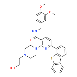 ChemSpider 2D Image | 6-(Dibenzo[b,d]thiophen-4-yl)-N-(3,4-dimethoxybenzyl)-2-[4-(2-hydroxyethyl)-1-piperazinyl]nicotinamide | C33H34N4O4S