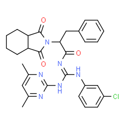 ChemSpider 2D Image | N-{(E)-[(3-Chlorophenyl)amino][(4,6-dimethyl-2-pyrimidinyl)amino]methylene}-2-(1,3-dioxooctahydro-2H-isoindol-2-yl)-3-phenylpropanamide | C30H31ClN6O3