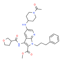 ChemSpider 2D Image | Methyl 5-[(1-acetyl-4-piperidinyl)amino]-1-(3-phenylpropyl)-3-[(tetrahydro-3-furanylcarbonyl)amino]-1H-pyrrolo[2,3-b]pyridine-2-carboxylate | C30H37N5O5