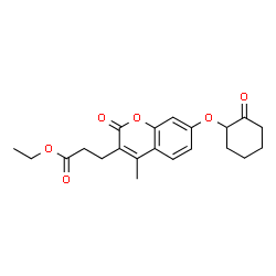 ChemSpider 2D Image | Ethyl 3-{4-methyl-2-oxo-7-[(2-oxocyclohexyl)oxy]-2H-chromen-3-yl}propanoate | C21H24O6
