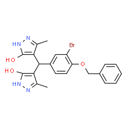 ChemSpider 2D Image | 4,4'-{[4-(Benzyloxy)-3-bromophenyl]methylene}bis(3-methyl-1H-pyrazol-5-ol) | C22H21BrN4O3