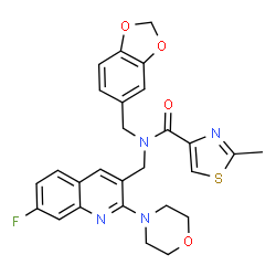 ChemSpider 2D Image | N-(1,3-Benzodioxol-5-ylmethyl)-N-{[7-fluoro-2-(4-morpholinyl)-3-quinolinyl]methyl}-2-methyl-1,3-thiazole-4-carboxamide | C27H25FN4O4S