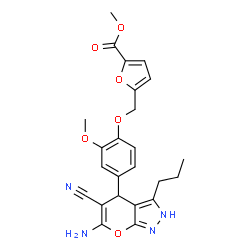 ChemSpider 2D Image | Methyl 5-{[4-(6-amino-5-cyano-3-propyl-2,4-dihydropyrano[2,3-c]pyrazol-4-yl)-2-methoxyphenoxy]methyl}-2-furoate | C24H24N4O6