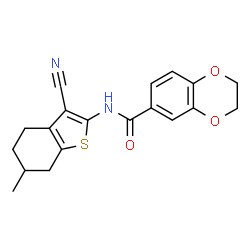 ChemSpider 2D Image | N-(3-Cyano-6-methyl-4,5,6,7-tetrahydro-1-benzothiophen-2-yl)-2,3-dihydro-1,4-benzodioxine-6-carboxamide | C19H18N2O3S