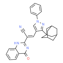 ChemSpider 2D Image | (2E)-3-[3-(Adamantan-1-yl)-1-phenyl-1H-pyrazol-4-yl]-2-(4-oxo-1,4-dihydro-2-quinazolinyl)acrylonitrile | C30H27N5O