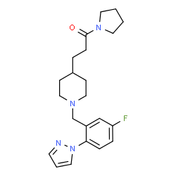 ChemSpider 2D Image | 3-{1-[5-Fluoro-2-(1H-pyrazol-1-yl)benzyl]-4-piperidinyl}-1-(1-pyrrolidinyl)-1-propanone | C22H29FN4O