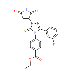 ChemSpider 2D Image | Ethyl 4-[3-(3-fluorophenyl)-1-(1-methyl-2,5-dioxo-3-pyrrolidinyl)-5-thioxo-1,5-dihydro-4H-1,2,4-triazol-4-yl]benzoate | C22H19FN4O4S