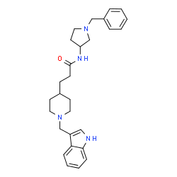 ChemSpider 2D Image | N-(1-Benzyl-3-pyrrolidinyl)-3-[1-(1H-indol-3-ylmethyl)-4-piperidinyl]propanamide | C28H36N4O