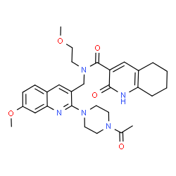 ChemSpider 2D Image | N-{[2-(4-Acetyl-1-piperazinyl)-7-methoxy-3-quinolinyl]methyl}-N-(2-methoxyethyl)-2-oxo-1,2,5,6,7,8-hexahydro-3-quinolinecarboxamide | C30H37N5O5