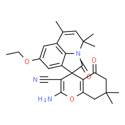 ChemSpider 2D Image | 2-Amino-8'-ethoxy-4',4',6',7,7-pentamethyl-2',5-dioxo-5,6,7,8-tetrahydro-4'H-spiro[chromene-4,1'-pyrrolo[3,2,1-ij]quinoline]-3-carbonitrile | C27H29N3O4