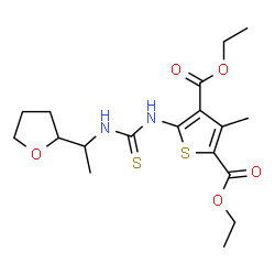 ChemSpider 2D Image | Diethyl 3-methyl-5-({[1-(tetrahydro-2-furanyl)ethyl]carbamothioyl}amino)-2,4-thiophenedicarboxylate | C18H26N2O5S2