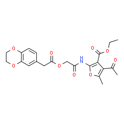 ChemSpider 2D Image | Ethyl 4-acetyl-2-({[2-(2,3-dihydro-1,4-benzodioxin-6-yl)acetoxy]acetyl}amino)-5-methyl-3-furoate | C22H23NO9