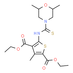 ChemSpider 2D Image | Diethyl 5-{[(2,6-dimethylmorpholin-4-yl)carbothioyl]amino}-3-methylthiophene-2,4-dicarboxylate | C18H26N2O5S2