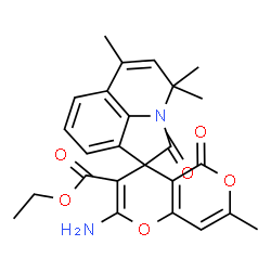 ChemSpider 2D Image | Ethyl 2-amino-4',4',6',7-tetramethyl-2',5-dioxo-4'H,5H-spiro[pyrano[4,3-b]pyran-4,1'-pyrrolo[3,2,1-ij]quinoline]-3-carboxylate | C25H24N2O6