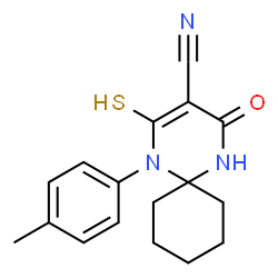 ChemSpider 2D Image | 1-(4-Methylphenyl)-4-oxo-2-sulfanyl-1,5-diazaspiro[5.5]undec-2-ene-3-carbonitrile | C17H19N3OS