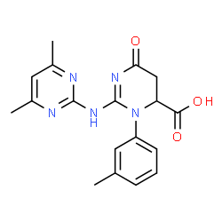 ChemSpider 2D Image | 2-[(4,6-Dimethyl-2-pyrimidinyl)amino]-3-(3-methylphenyl)-6-oxo-3,4,5,6-tetrahydro-4-pyrimidinecarboxylic acid | C18H19N5O3