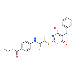 ChemSpider 2D Image | Ethyl 4-({2-[(5-benzyl-4-hydroxy-6-oxo-1,6-dihydro-2-pyrimidinyl)sulfanyl]propanoyl}amino)benzoate | C23H23N3O5S