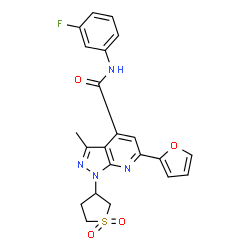 ChemSpider 2D Image | 1-(1,1-Dioxidotetrahydro-3-thiophenyl)-N-(3-fluorophenyl)-6-(2-furyl)-3-methyl-1H-pyrazolo[3,4-b]pyridine-4-carboxamide | C22H19FN4O4S