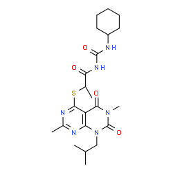 ChemSpider 2D Image | N-(Cyclohexylcarbamoyl)-2-[(8-isobutyl-2,6-dimethyl-5,7-dioxo-5,6,7,8-tetrahydropyrimido[4,5-d]pyrimidin-4-yl)sulfanyl]propanamide | C22H32N6O4S
